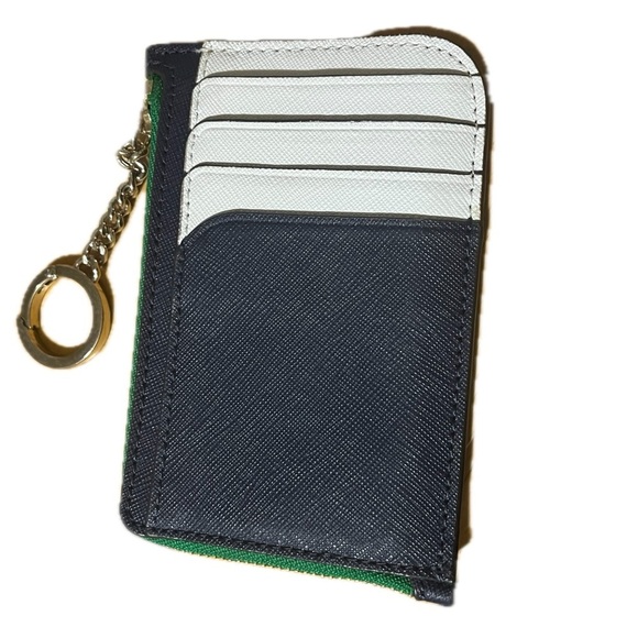 Navy, Green & White Kate Spade Leather Card Holder, Gold Zipper & Silver Accents - Picture 6 of 16